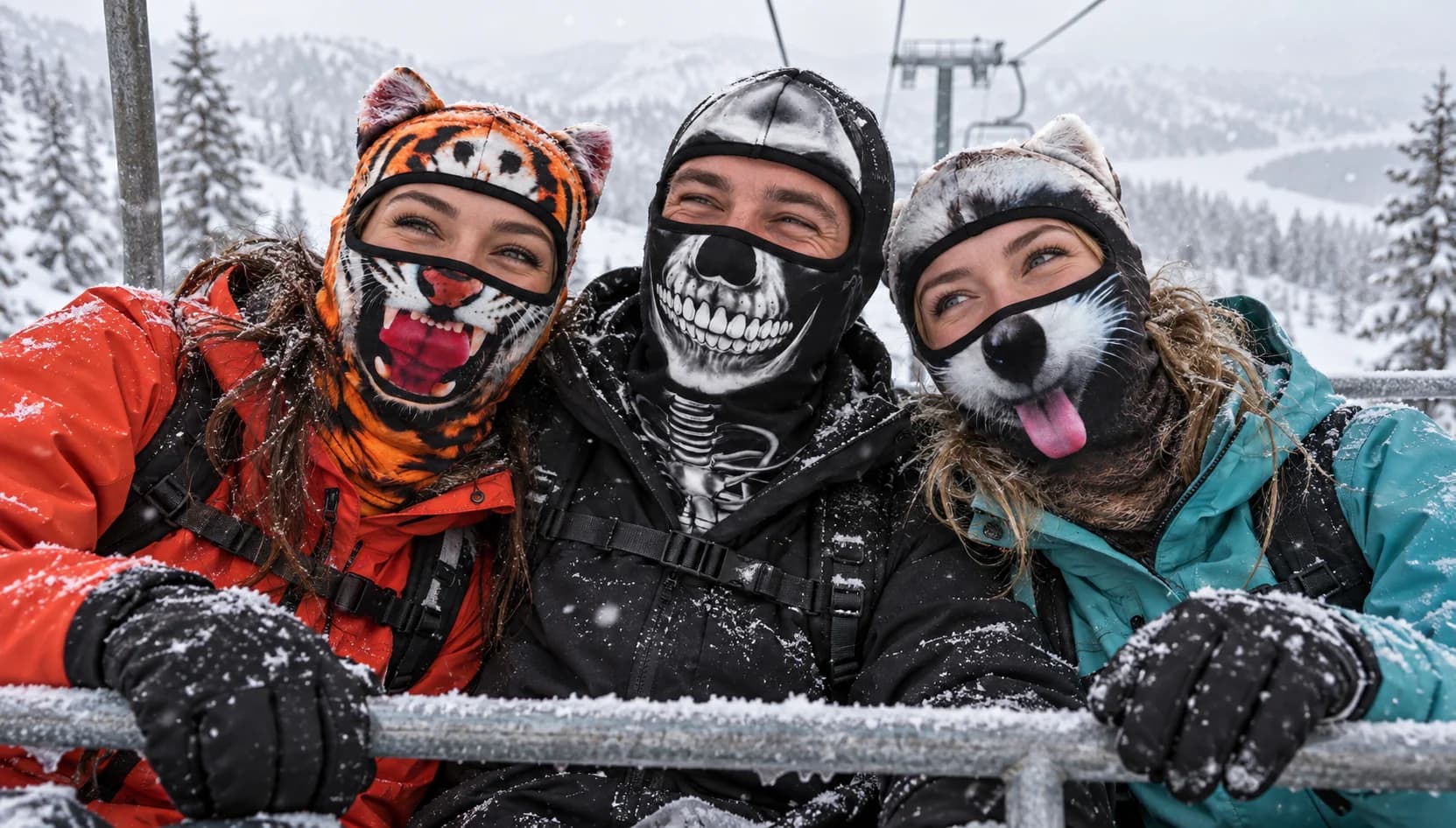 Three riders on a frosty chairlift in Roaring Tiger, Skull and Raccoon balaclavas